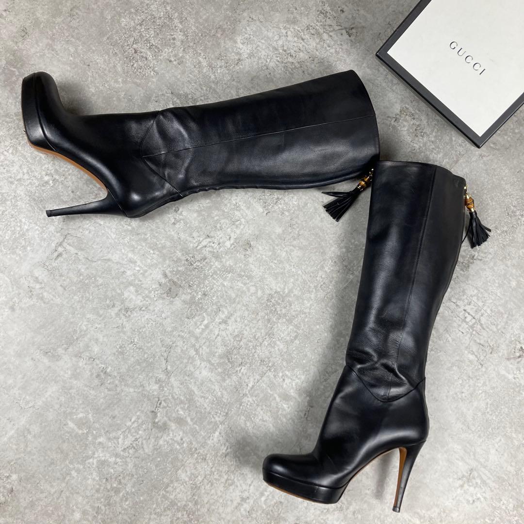 GUCCI グッチ　レザー　ロングブーツ　37.5 バンブー　フリンジ　チャーム GUCCI（グッチ） 美品 バンブー タッセルチャーム チェーン ショルダー