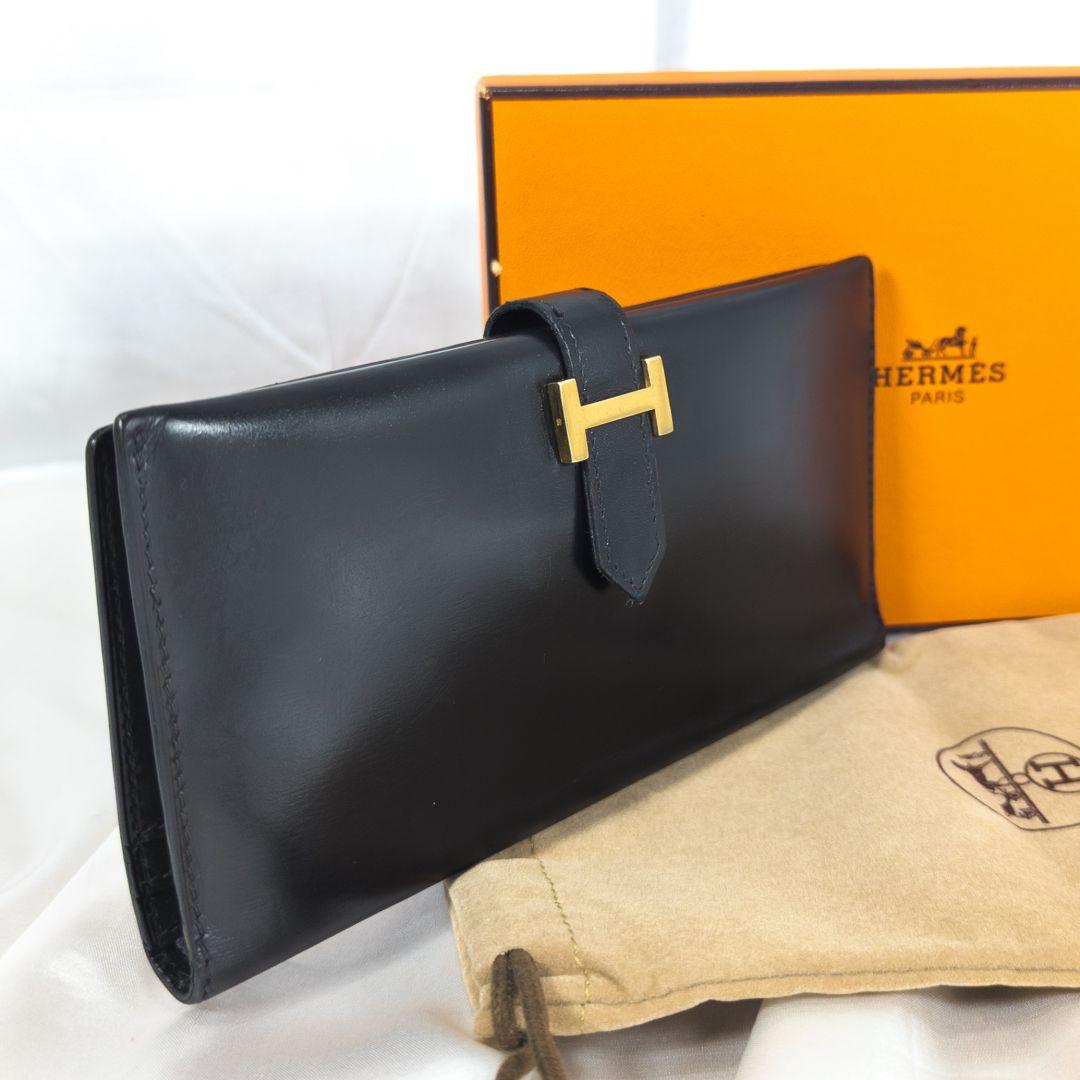 【美品】 エルメス べアン ボックスカーフ ゴールド金具 箱 保存袋付 エルメス ベアン コンパクト ブラック/ゴールド金具 ボックスカーフ