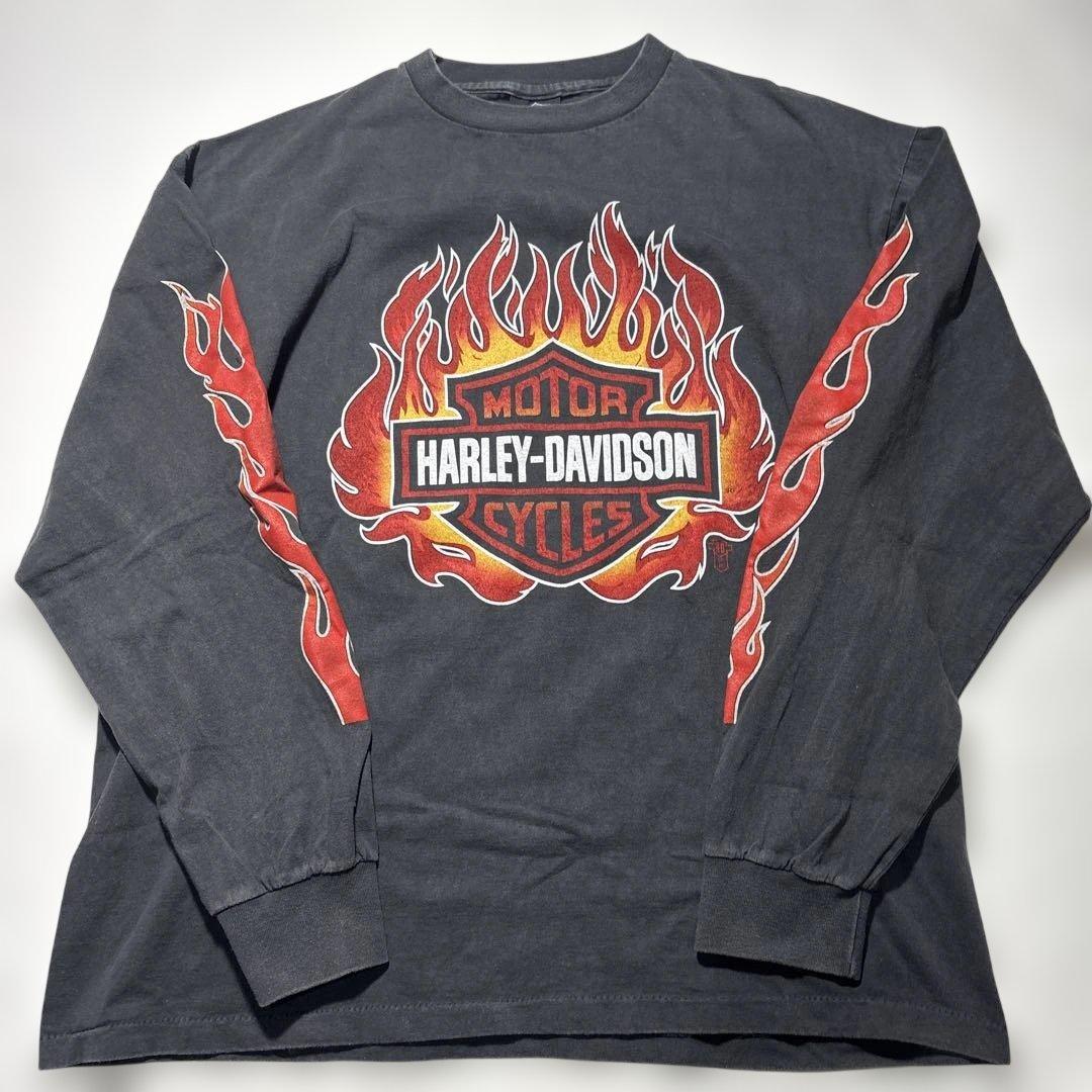 Harley-Davidson ロンt フレイムス　ブラック　シングルステッチ フレイム］Harley-Davidson”ハーレーダビッドソン”ロンT 袖プリ | Rico