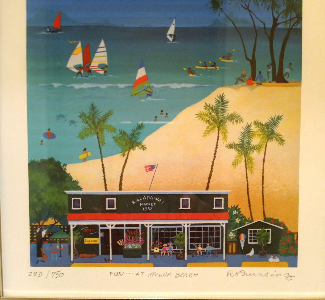 ハワイの絵 カイルアビーチ ロザリー プルッシングサイン入り