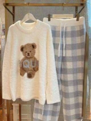新品ジェラートピケ ルームウェア 冬くまふわふわ ホワイト上下セット