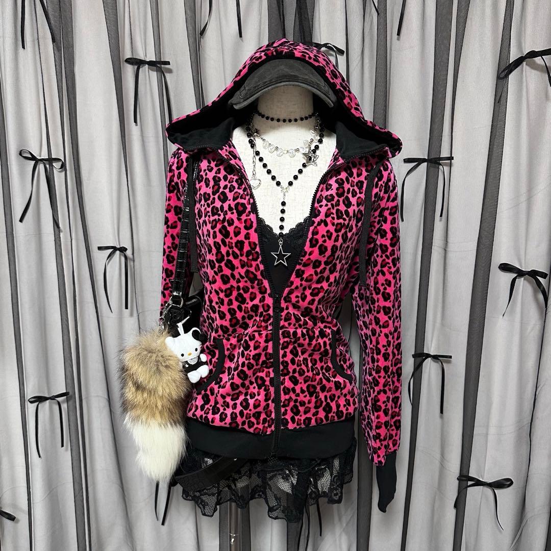 平成ギャルy2k ヒョウ柄 ピンク フード付き パーカー グランジ ピンク