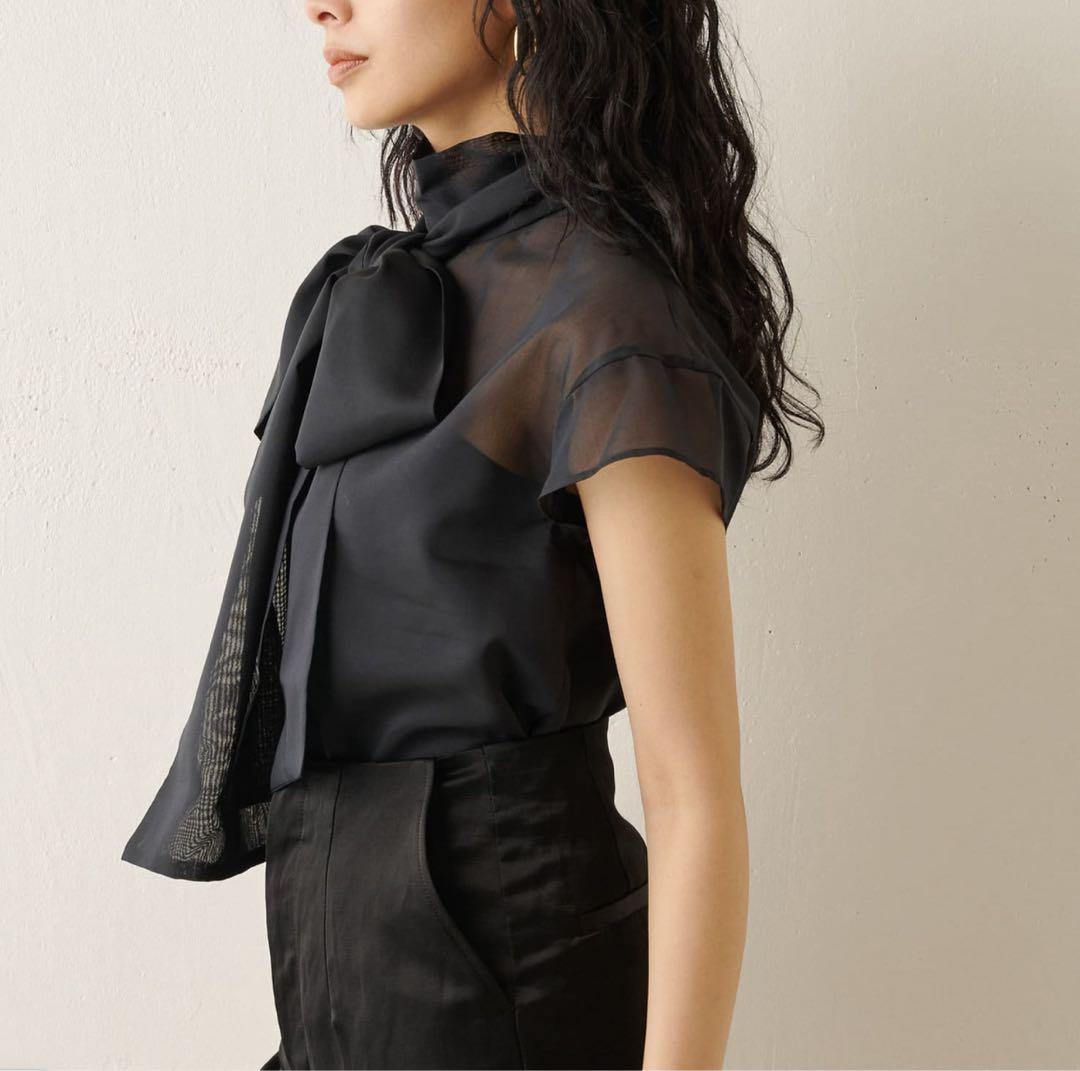 ウィムガゼット】リボン ボウタイ シアー ブラウス ブラック フレンチ