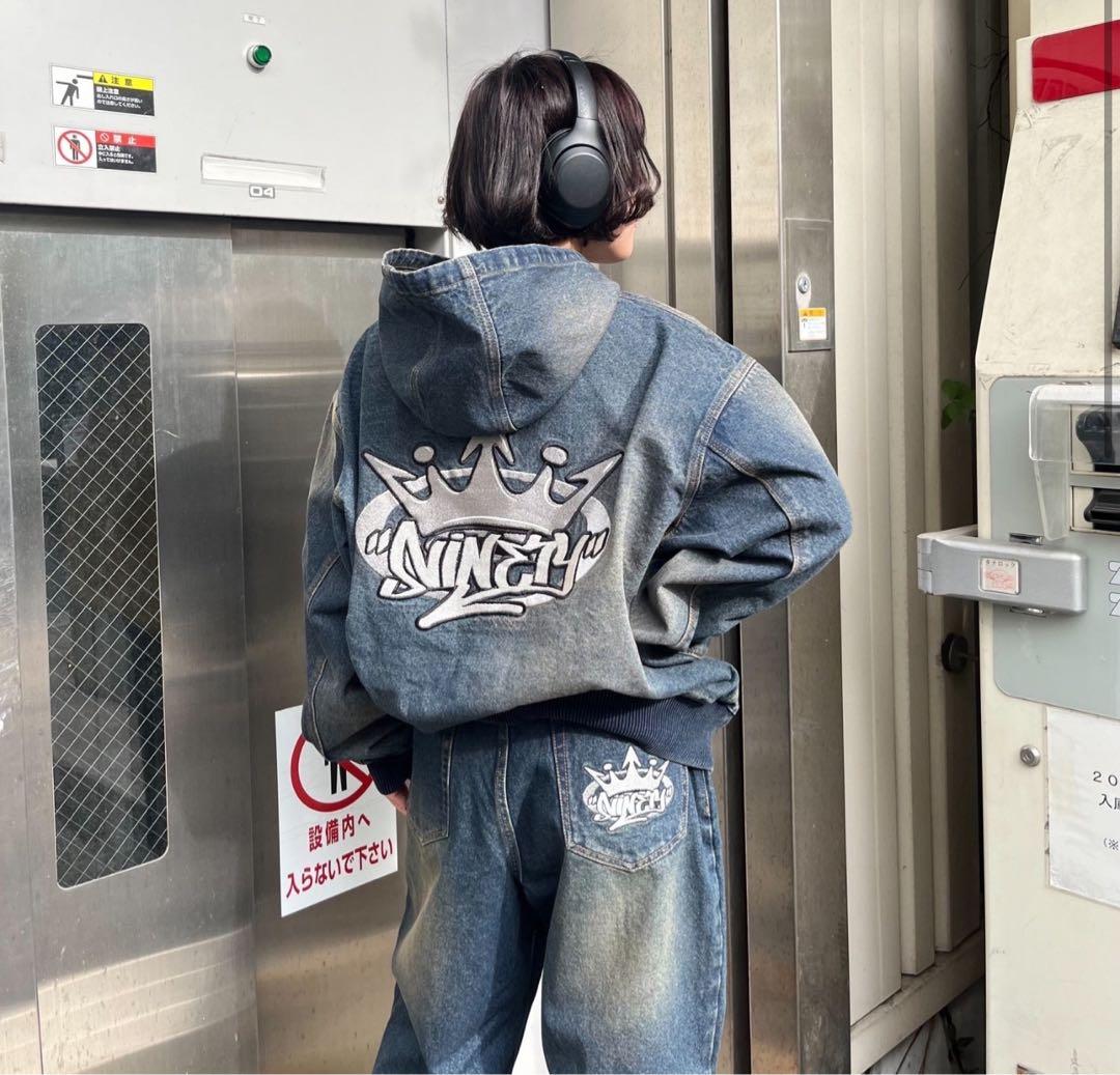 9090セットアップKing Logo Vintage Denim Hoodie - メルカリ
