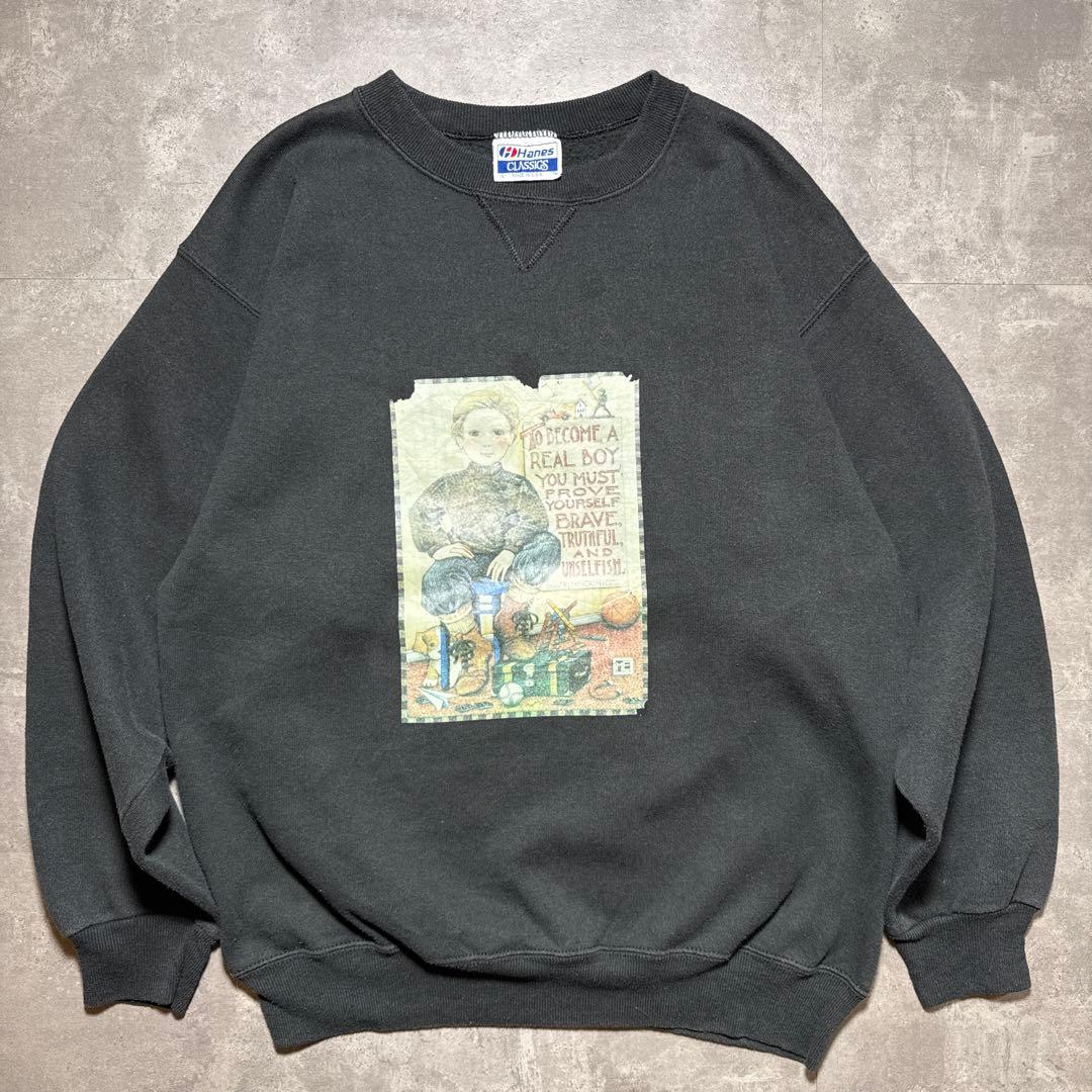 R*1様 90s ヴィンテージ ブラックスウェットLサイズ USA製Hanesボ 90年代 Hanes ネイティブ柄 スウェットシャツ ポケット メンズL 古着