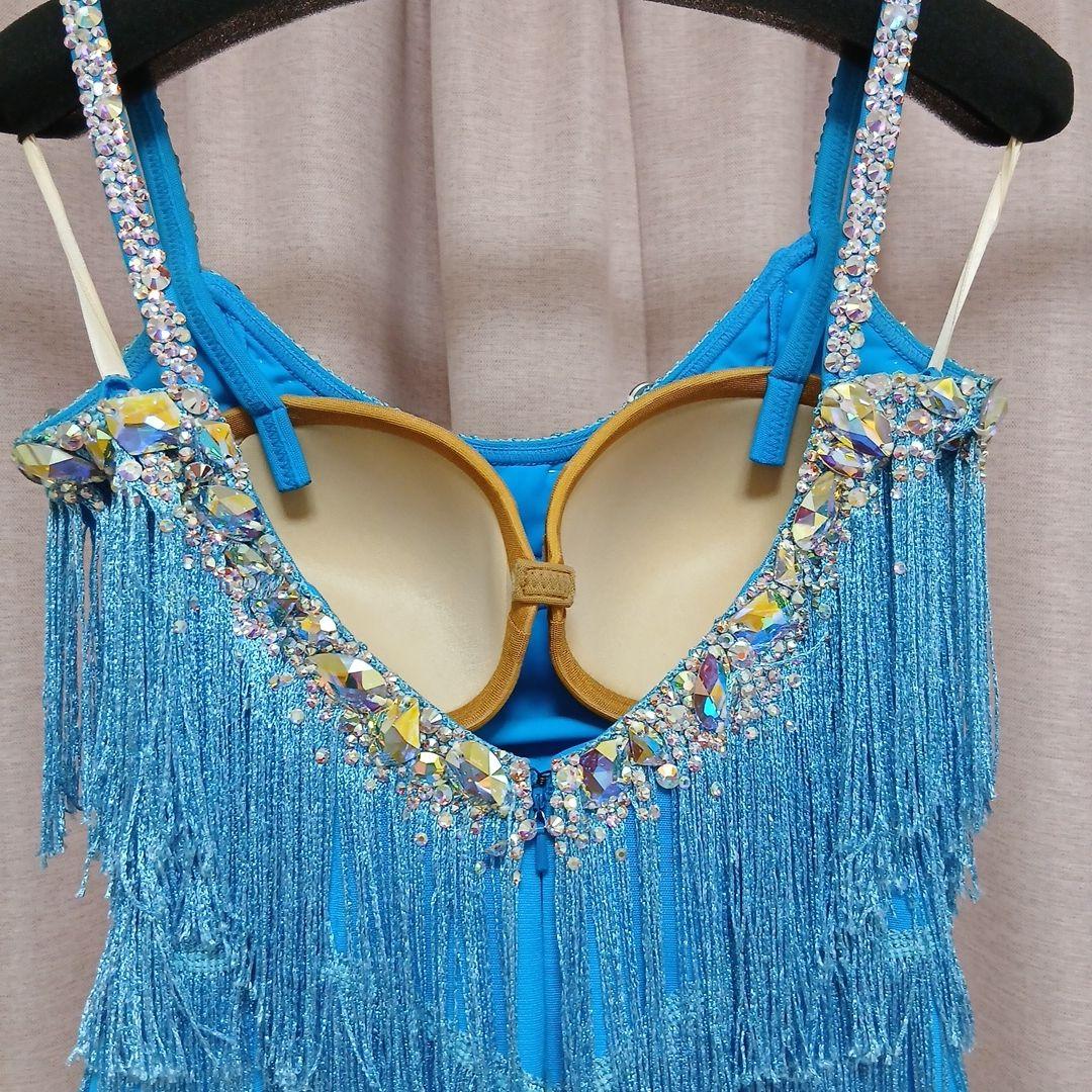 水色フリンジドレス 社交ダンスラテン衣装Mサイズ 手首、ネック付き