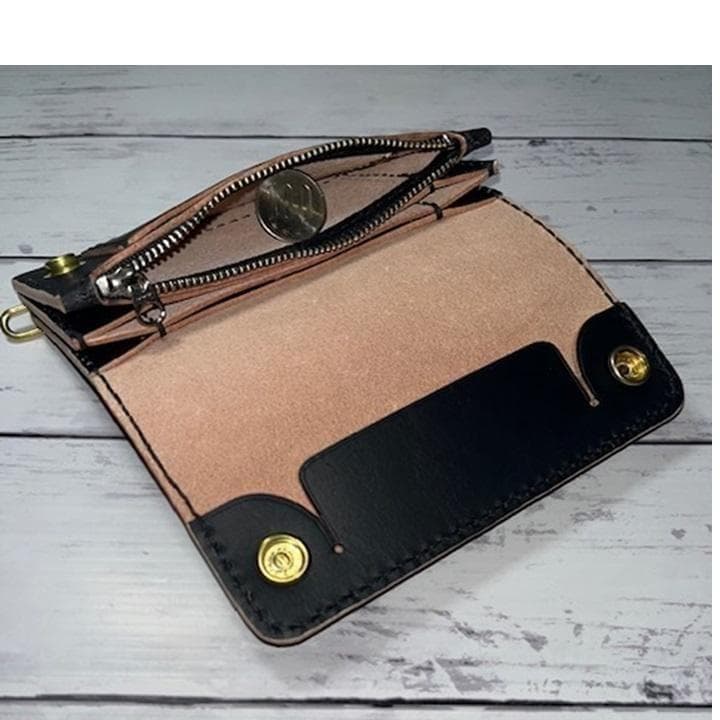 ④ミドルトラッカーウォレット/姫路レザー茶芯黒色/ホック真鍮/小判
