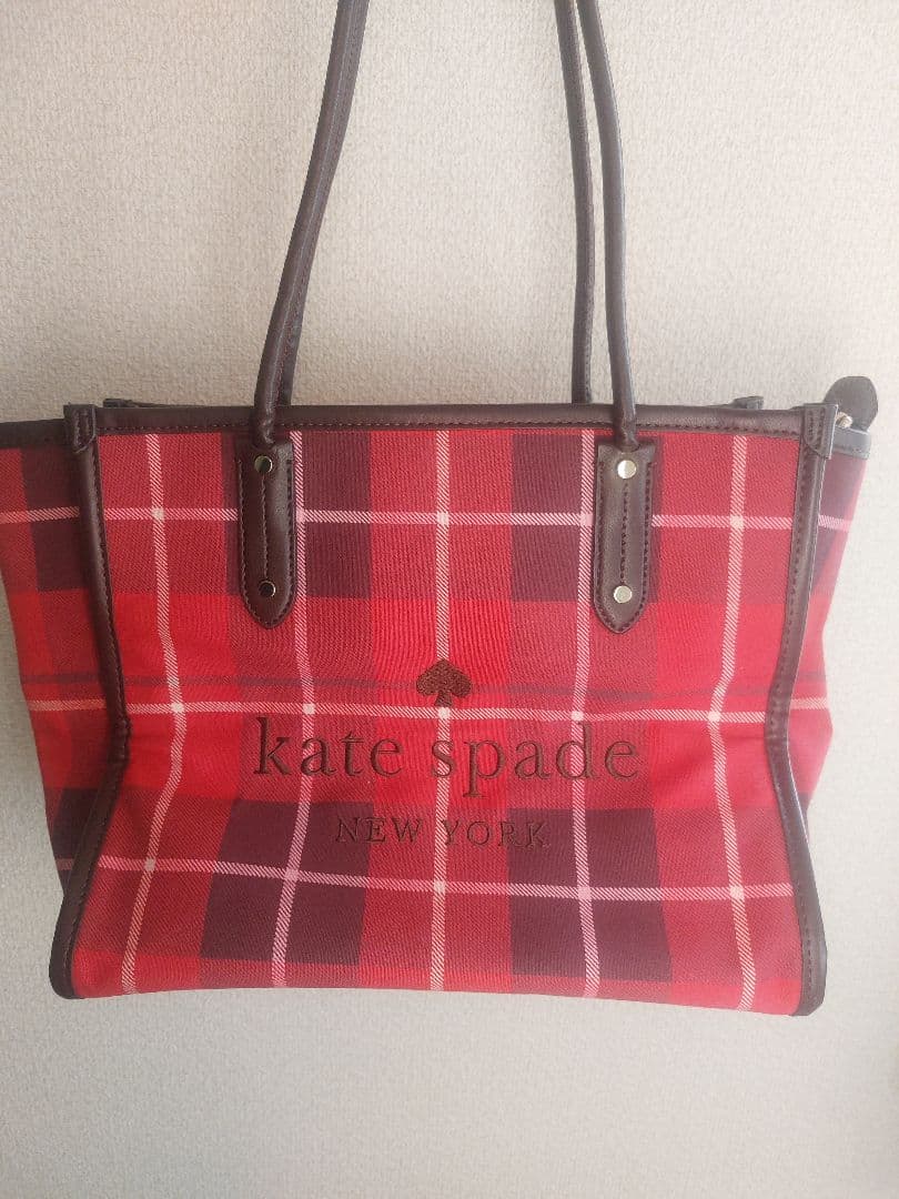 kate spade 赤 チェック トートバッグ - メルカリ