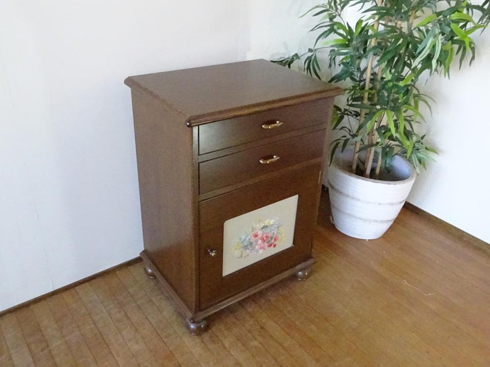 神戸洋家具/伊藤家具 電話台 FAX台 オーク無垢材 花図柄刺繍 - karlan