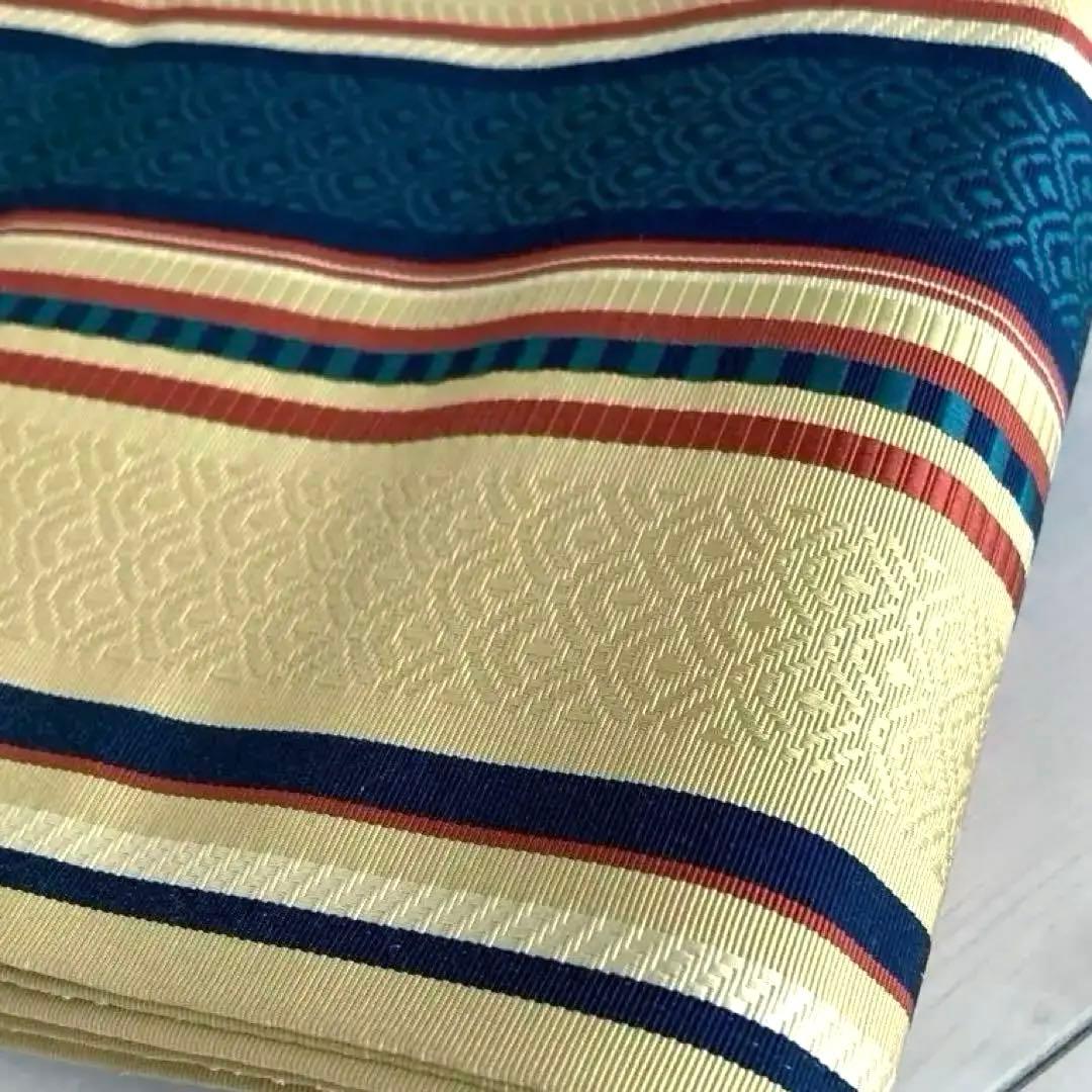 本場筑前博多織　半幅帯　縞模様　織り出し　正絹　タグ付　青海波　No.1-22