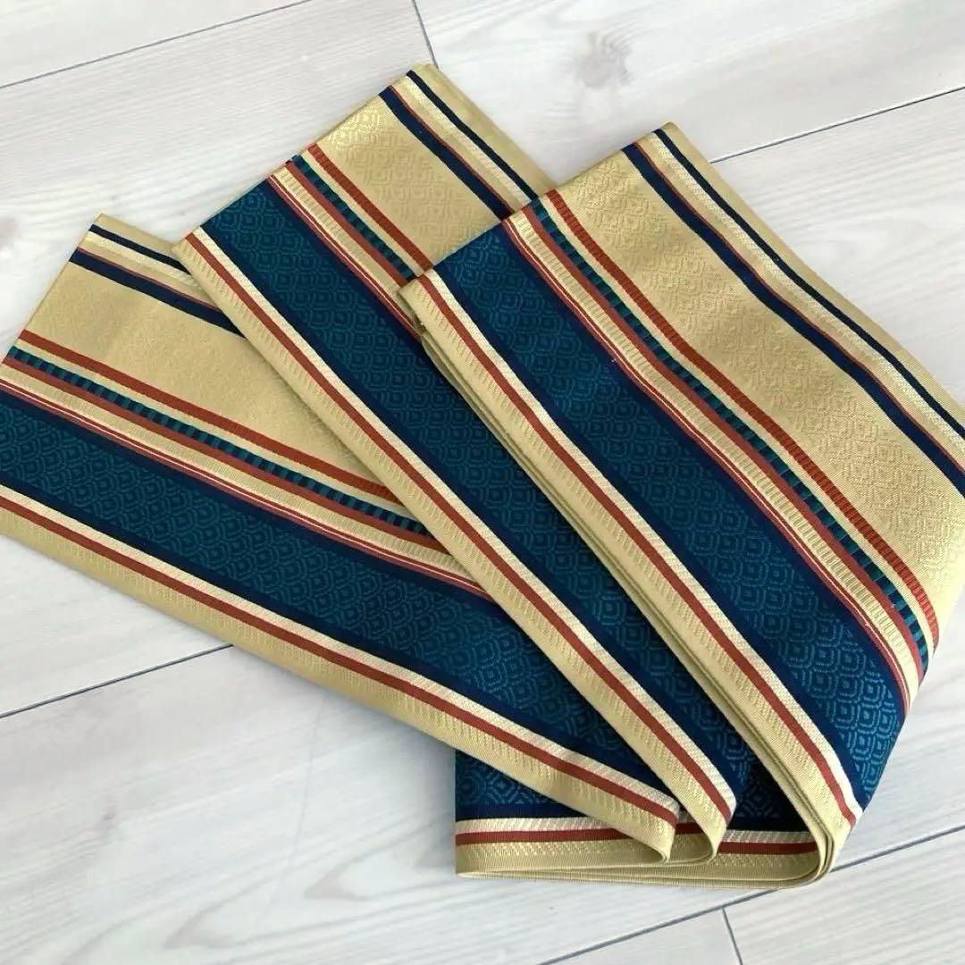 本場筑前博多織　半幅帯　縞模様　織り出し　正絹　タグ付　青海波　No.1-22