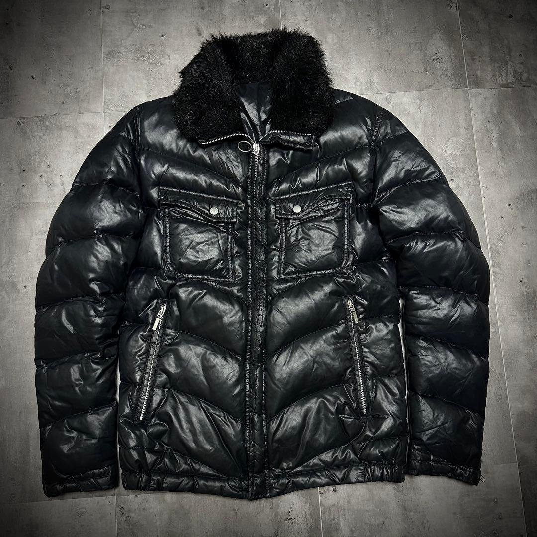 00s Y2K archive 光沢 ファー ダウン ライダースジャケット M archive ファーダウンジャケットY2K 光沢 ファー付き