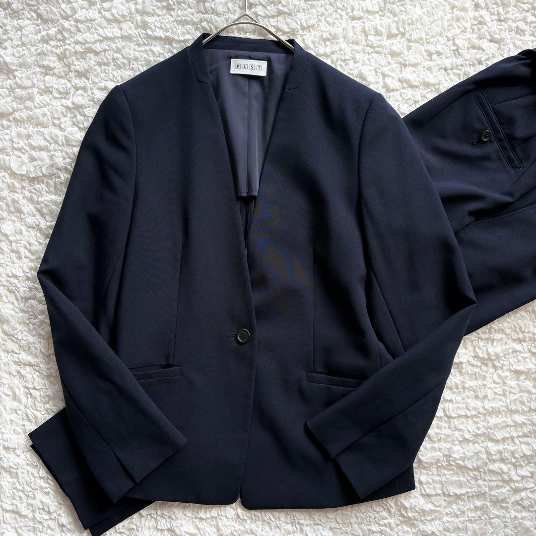 プラステ パンツスーツ セットアップ 2点セット ノーカラー 洗える M／S 紺 2点セットアップ】洗えるノーカラーワイドパンツスーツ - ベルーナ