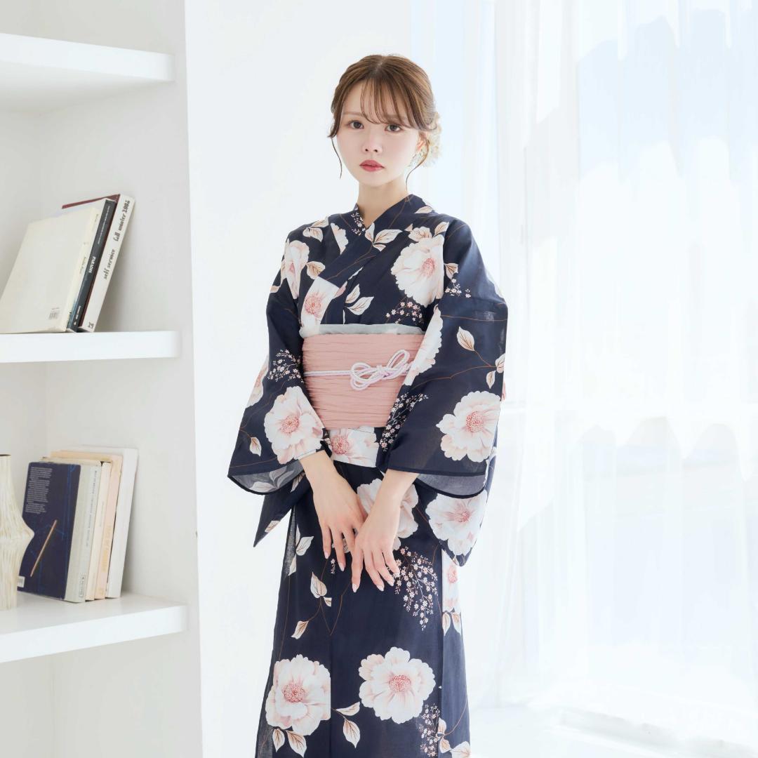 二部式浴衣 セパレート浴衣 3点set 珊瑚色の花あそび 濃紺地 Y5-23-2 二部式浴衣 セパレート浴衣 3点set 珊瑚色の花あそび 濃紺地