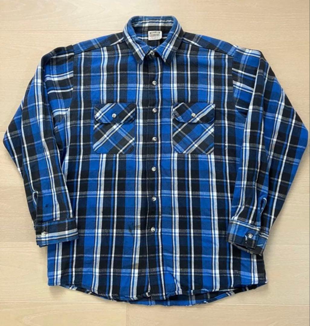 FIVE BROTHER ヴィンテージ　ネルシャツ L ブルー 青黒チェック 70's FIVEBROTHER 青黒チェック フランネルシャツ 表記(L TALL