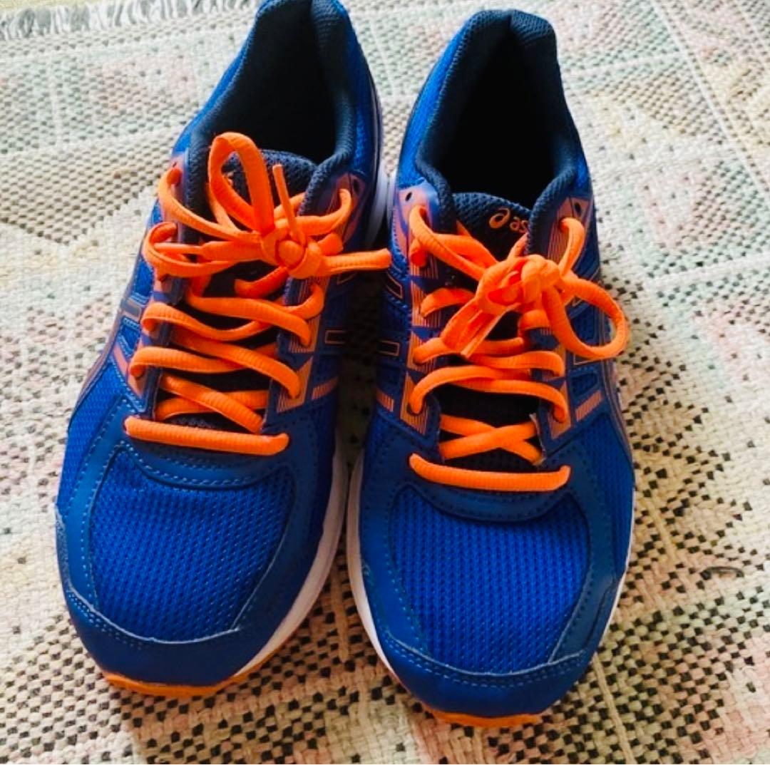 asics 25 男女 青オレンジ メッシュ ランニングシューズ - メルカリ