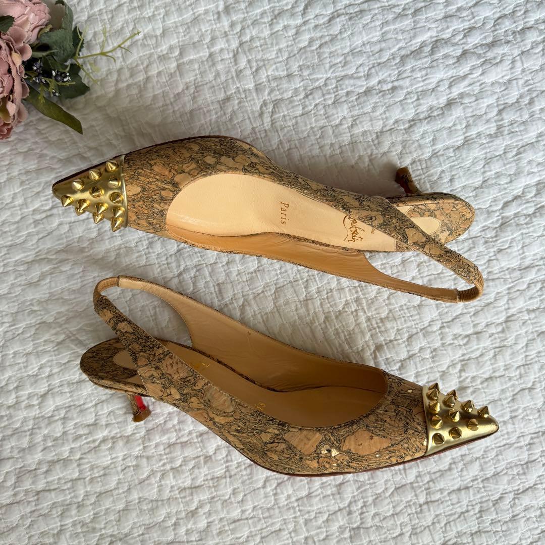 美品クリスチャンルブタンレッドソールスタッズパンプスコルク23cm