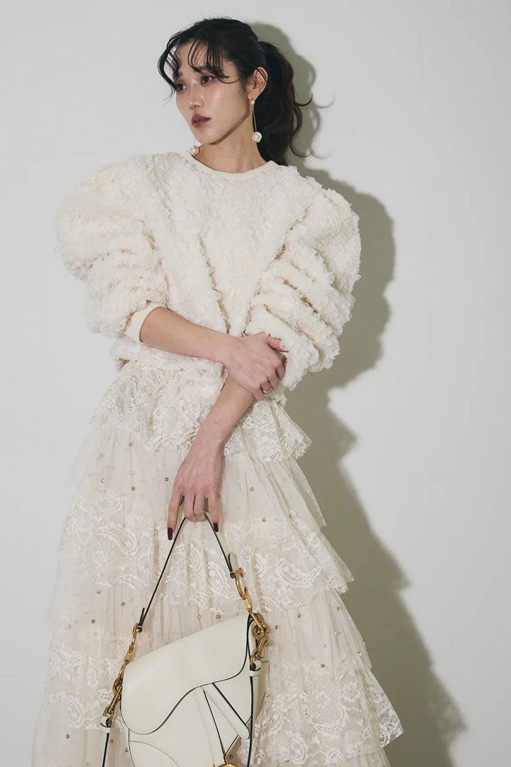 新品未使用】ANDREA&Co. ビジューレースチュールスカート ベージュ