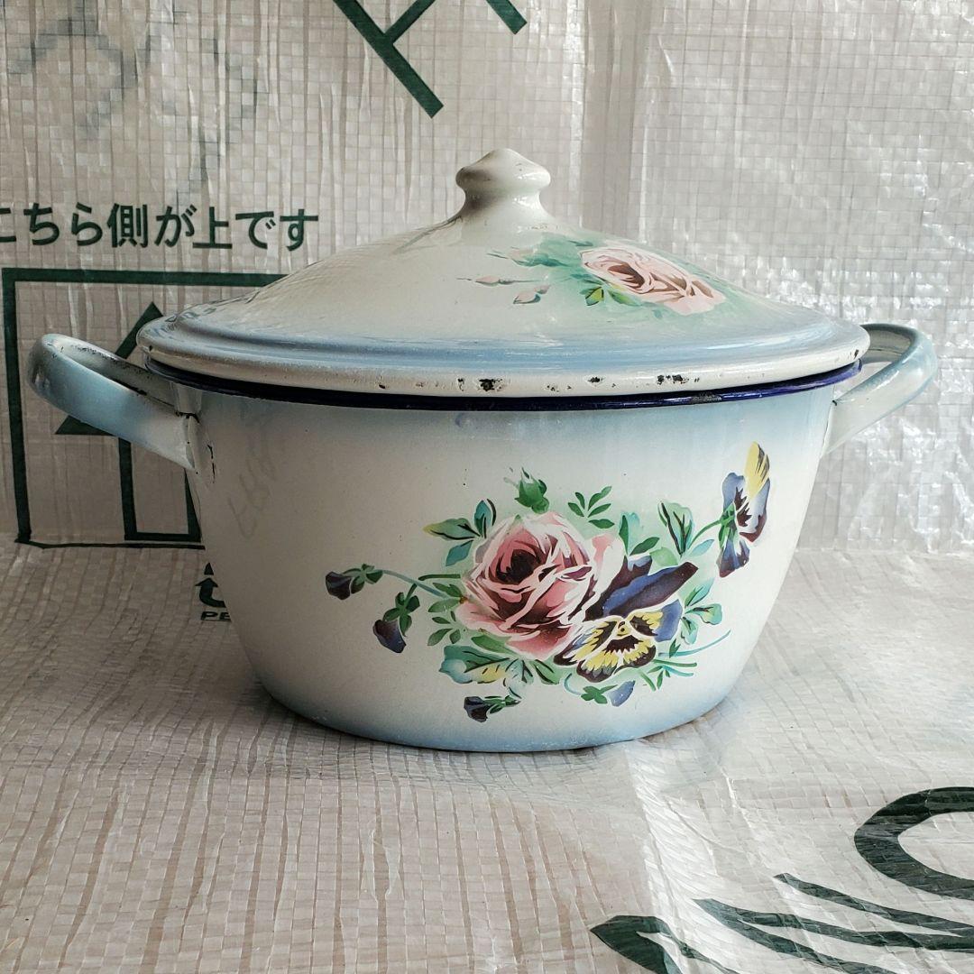 フランス　アンティーク　ホーロー　キャセロール フランス アンティーク JAPY社 ホーロー キャセロール 蓋付き両手鍋