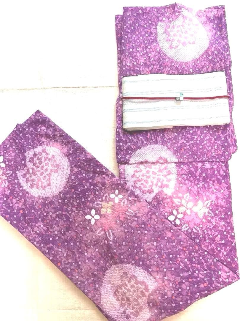 セール中❣️ 希少な色　きれいめ赤紫 有松　絞り　高級　浴衣 紫陽花　手縫い 藤色の花園＊有松鳴海絞り浴衣 花 紫 赤 黄 A689 | kimono tento