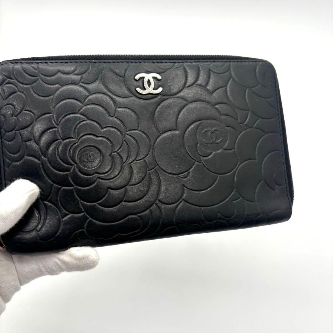 鑑定済CHANELシャネル カメリア エンボス ココマーク 長財布 シルバー金具