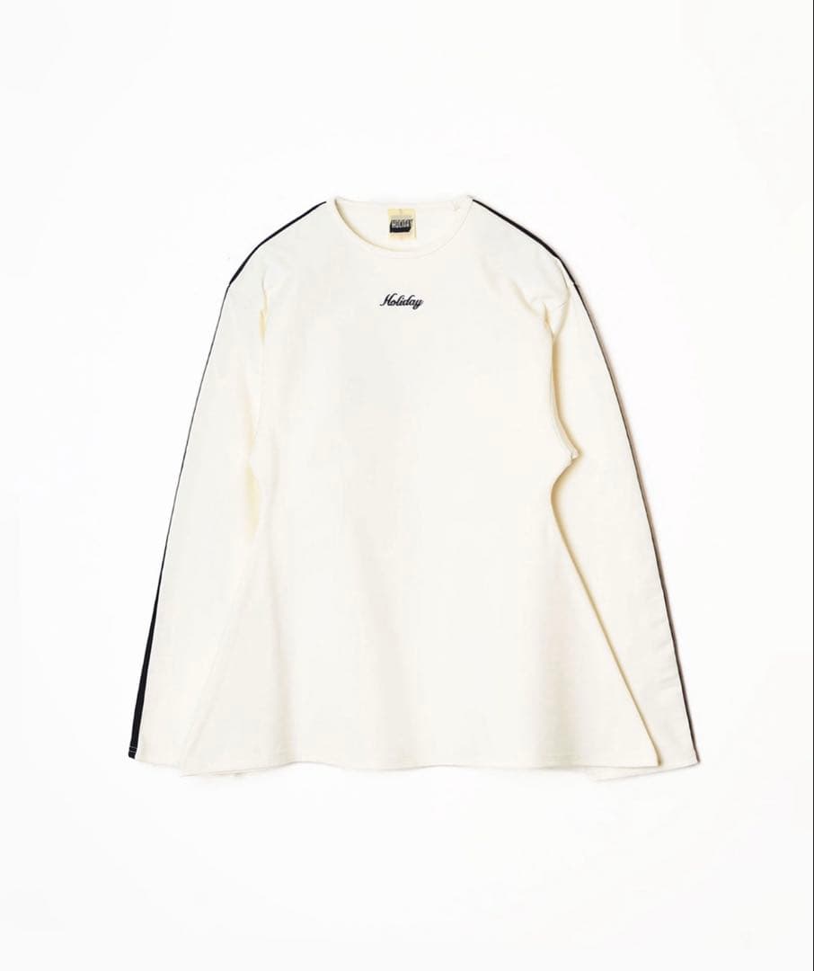 極美品 HOLIDAY ホリデイ LINE FLARE WARM TOPS 白 シルクブレンドアシメデコルテドレープリブニット(ニット)｜トップス