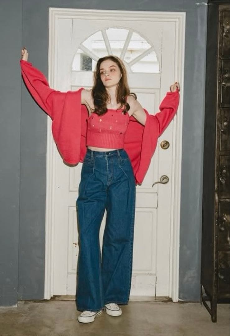 PINUE ハンドステッチニットキャミ&カーデセット　ピンク シャギーMIXニットカーディガン（PINK） - PINUE