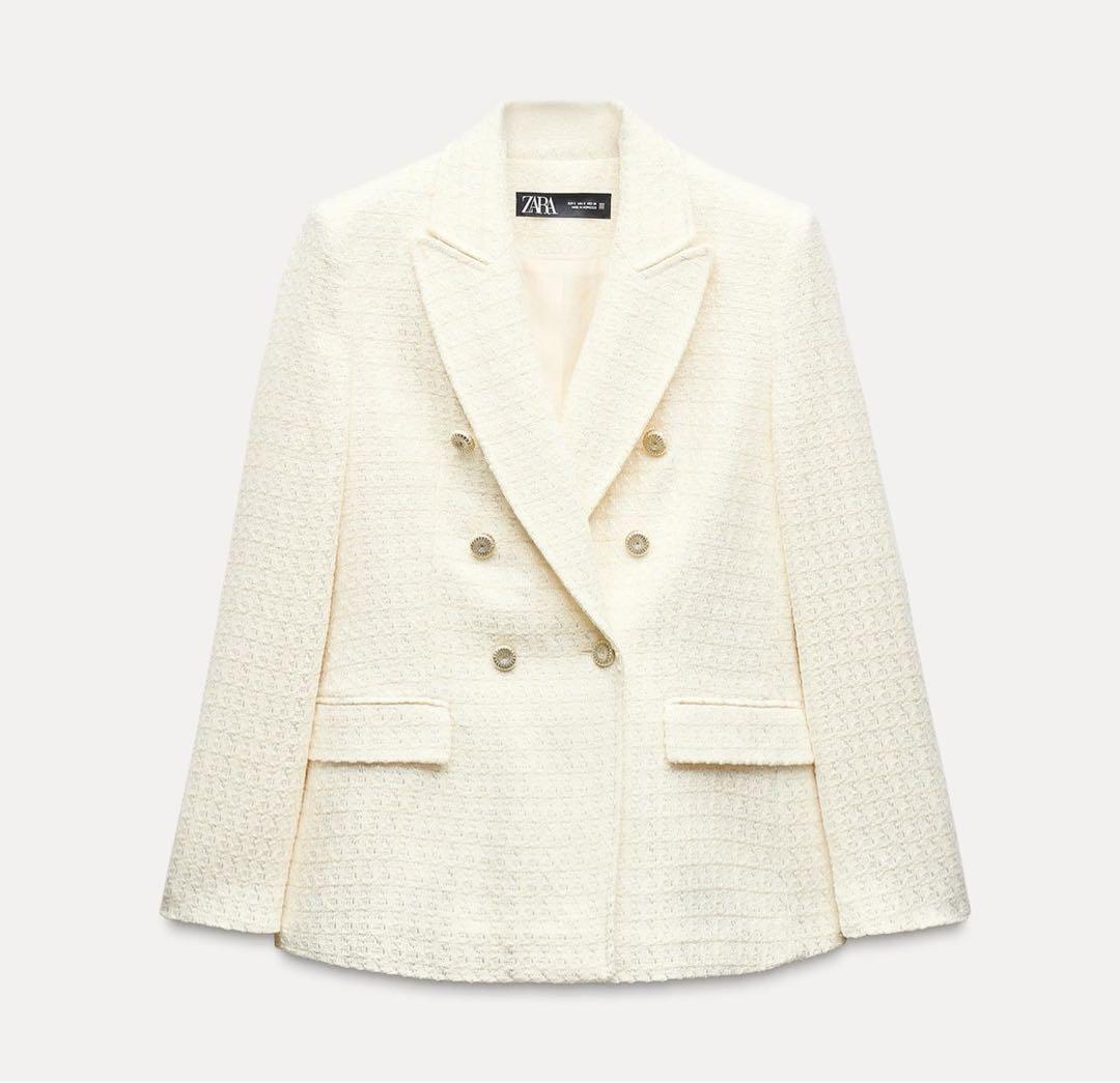 ZARA ホワイト テクスチャーダブルブレストブレザー - メルカリ