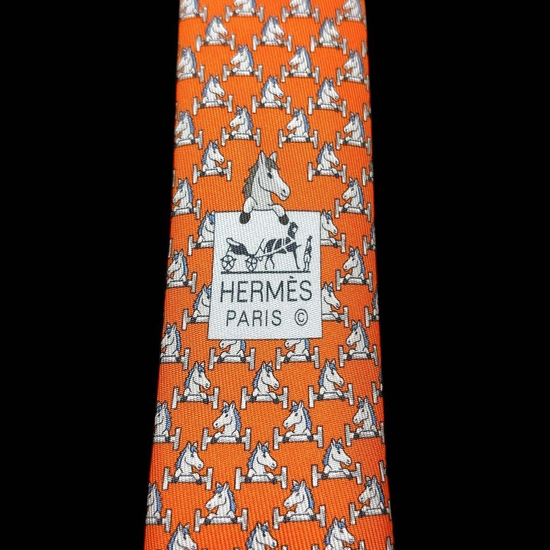 エルメス 馬柄 Hモチーフ シルク ネクタイ オレンジ 縁起物 新年