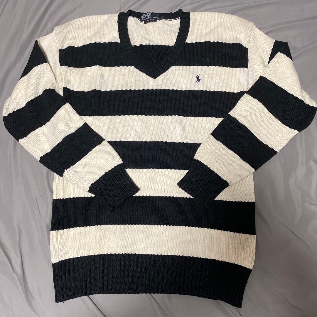 希少】90s polo ポロラルフローレン Vネックニット ボーダー L - メルカリ