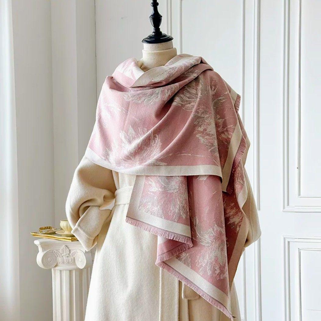 大判ストール カシミヤ調 花柄 ピオニーピンク 膝掛け エレガント