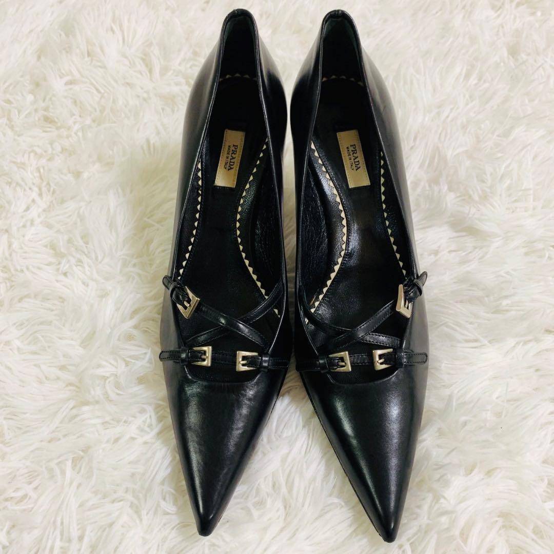 PRADA プラダ　パンプス　ヒール　ベルト　黒　ブラック　22〜22.5cm