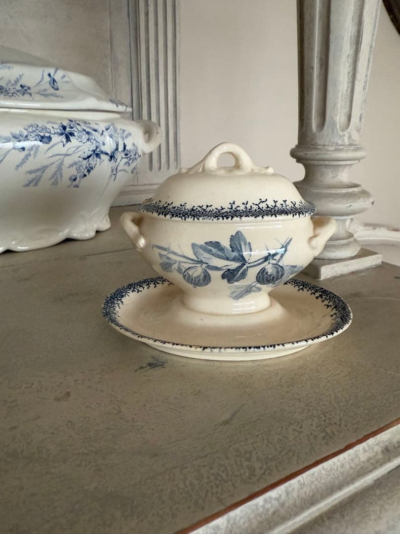 フランスアンティークエミールブルジョワベリー柄の小さなムタディエマスタード入れ エミールブルジョワ窯ピンクのスーピエール フランスアンティーク