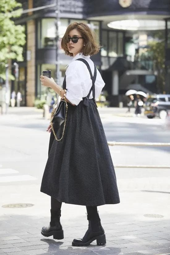 セブンテン ミホカワヒト ウールチェックエプロンワンピースXS　超美品 ウールチェックエプロンワンピ(ブラック) - seventen