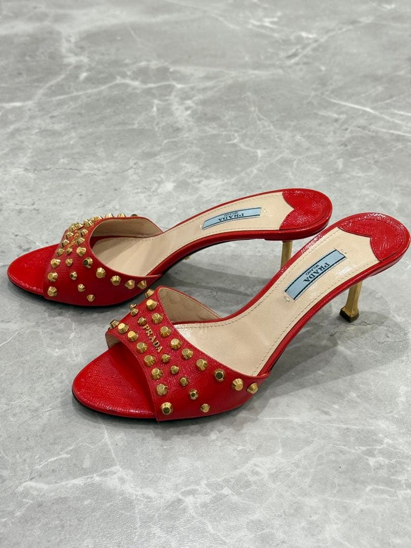 PRADA プラダ スタッズ ミュールサンダル レッド×ゴールド37½ PRADA プラダ スタッズ ミュールサンダル レッド×ゴールド37½