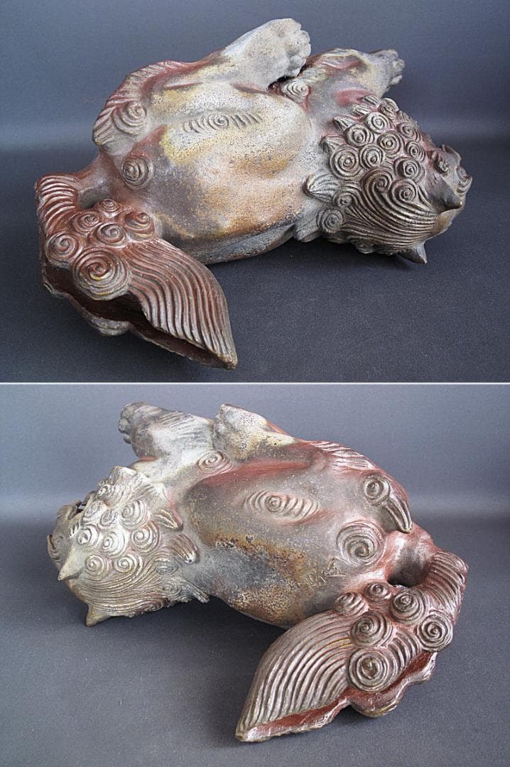 優品‼ 備前名工! 藤原陶斎 作『獅子置物』細工物 高19.5㎝ 横
