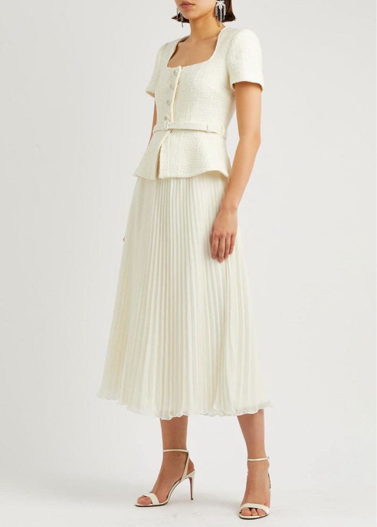 た*こ様 Self portrait プリーツシフォンとブークレツイードのミディ シフォン楊柳プリーツワンピース | PROPORTION BODY DRESSING