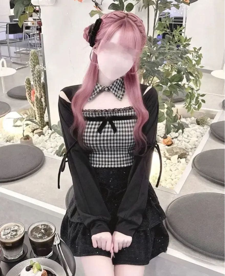 HONEY MEW リボンスリットギンガムアンサンブルトップス ブラック リボンスリットギンガムアンサンブルトップス ブラック | ファッション