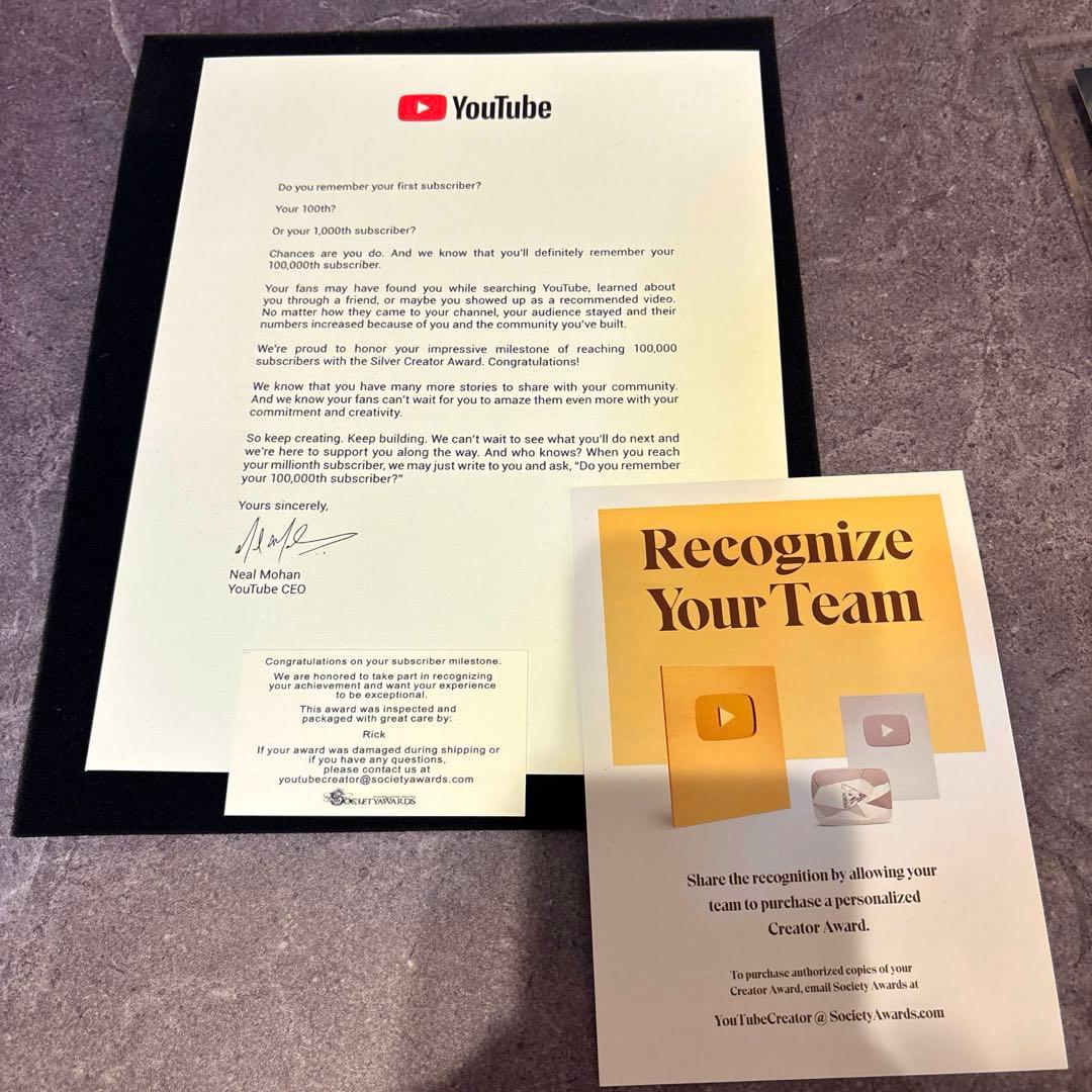 YouTube】銀の盾+銀の賞状 登録者数10万人 金の盾 銀盾 - メルカリ