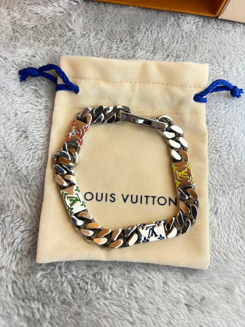 LOUIS VUITTON ルイヴィトンブレスレット・LV M1409L Louis Vuitton M1409L Silver Multicolor LV Chain Bracelet 22cm Mens
