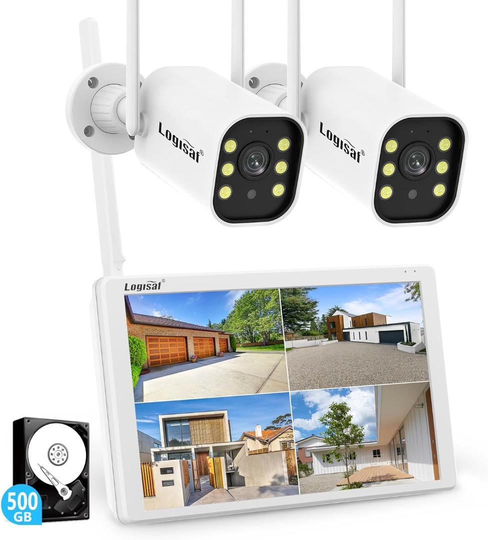 防犯カメラ 屋外 2台 モニター付き ワイヤレス 120°広角レンズ 500万画素 家庭用ワイヤレス防犯カメラ IPSパネル 双方向通話監視