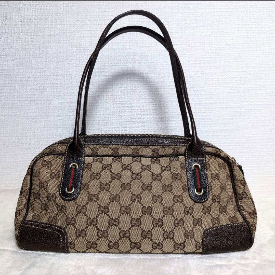 de5 GUCCI ミニボストンバッグ GG シェリーライン 本革×キャンバス