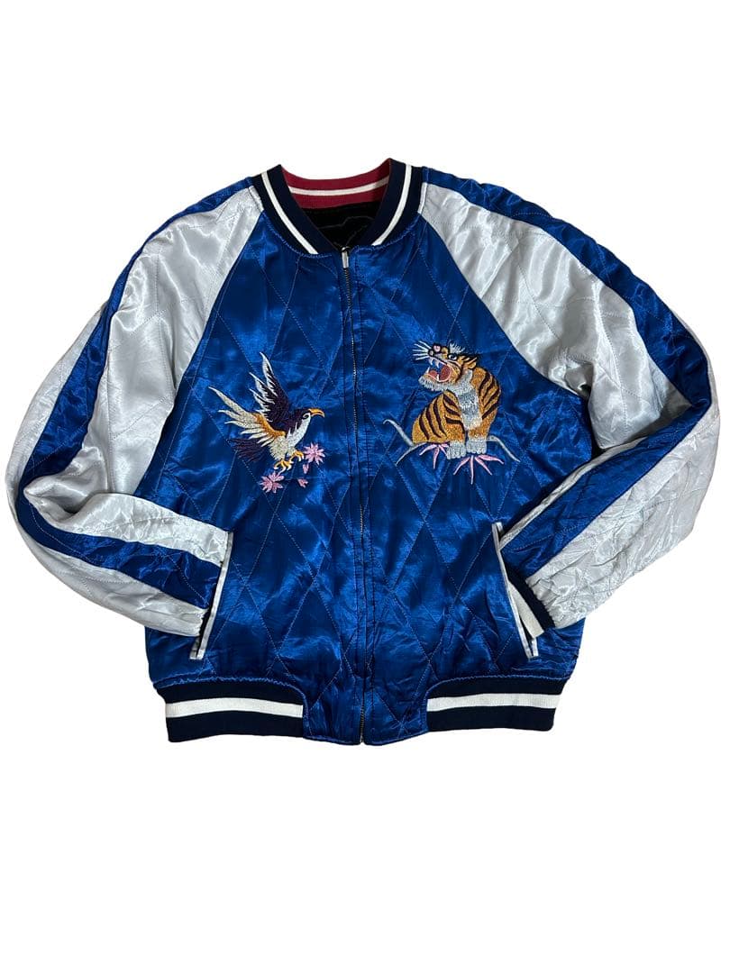スカジャン 青と黒 虎と鳥の刺繍 90s Sサイズ]両面刺繍 虎横須賀柄スカジャン【MCハウスオリジナル】｜和柄