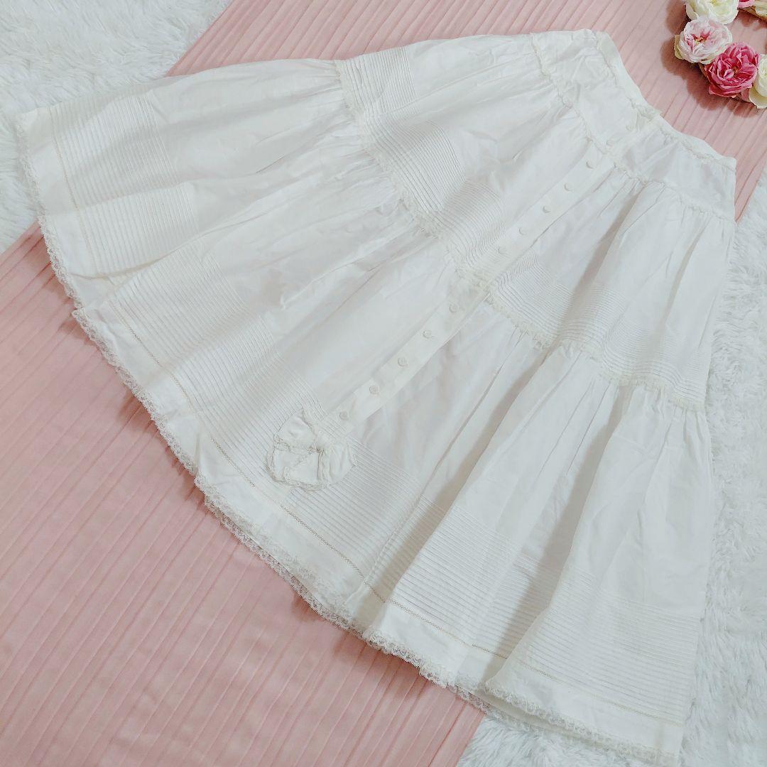 PINK HOUSE　ピンクハウス　スカート ティアード　リボン　レース　ロング サテンリボンいっぱいローンティアードミディスカート｜ピンクハウス