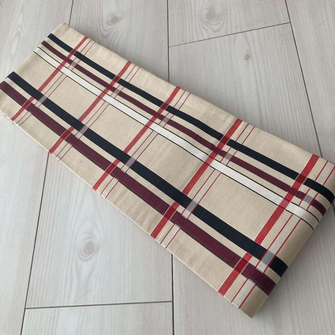 専用　　博多半幅帯　正絹　格子模様　織り出し　淡いベージュ　No.74-00