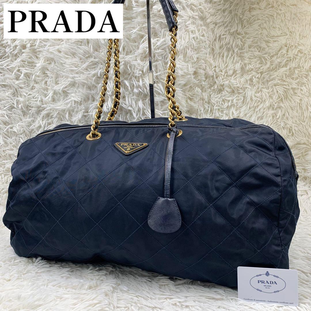 【✨美品✨】プラダ ボストンバッグ キルティング 三角ロゴ ナイロン ネイビー PRADA - プラダ 三角ロゴプレート キルティング チェーン ショルダー