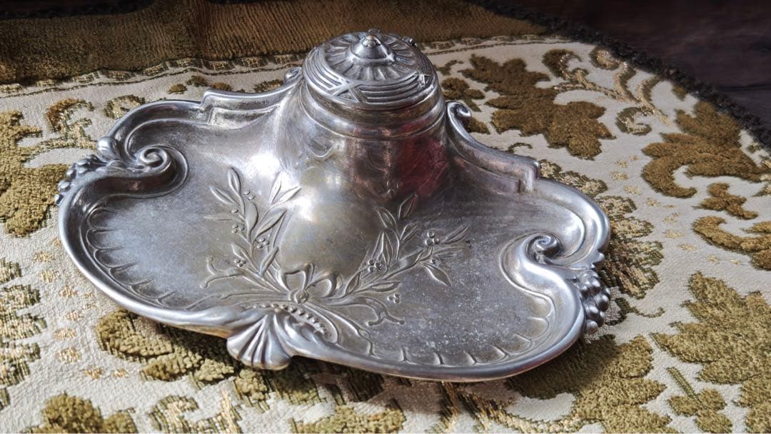 インクウェル　ペントレイ　シルバーメタル（ピューター？） フランスアンティーク 北欧デンマーク製Georg Jensenジョージジェンセンスターリングシルバー