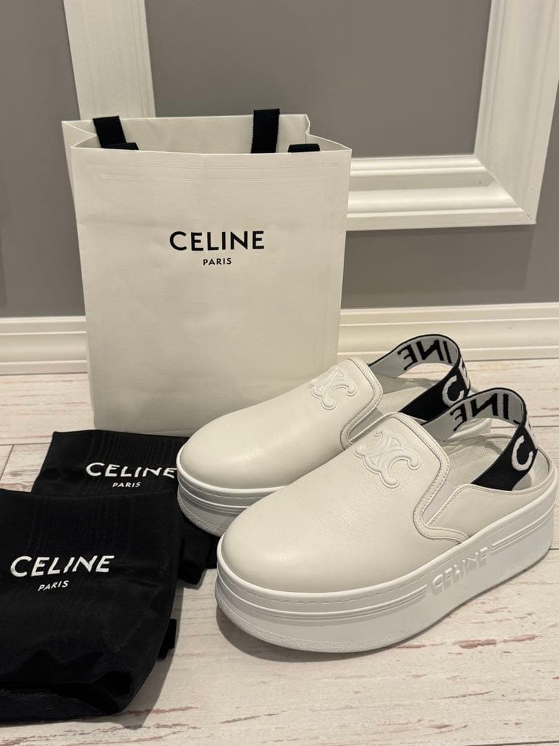 CELINE セリーヌ　ブロックウェッジミュール　ホワイト37 超美品 セリーヌ CELINE CELINE ブロックスニーカー 346163338C ウェッジ