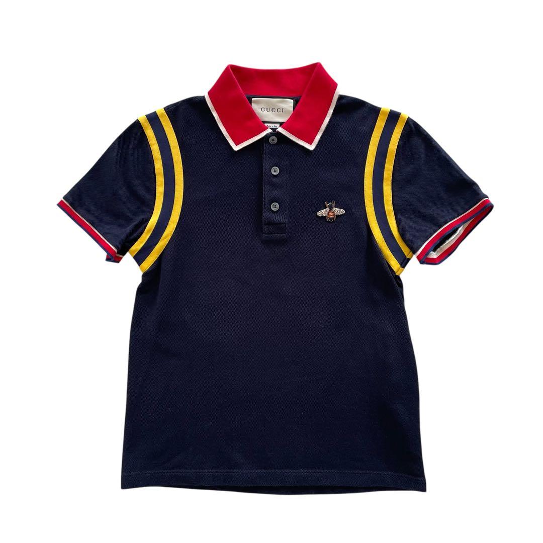 《超美品》GUCCI グッチ ポロシャツ ハチ 蜂 刺繍 ワッペン ネイビー S