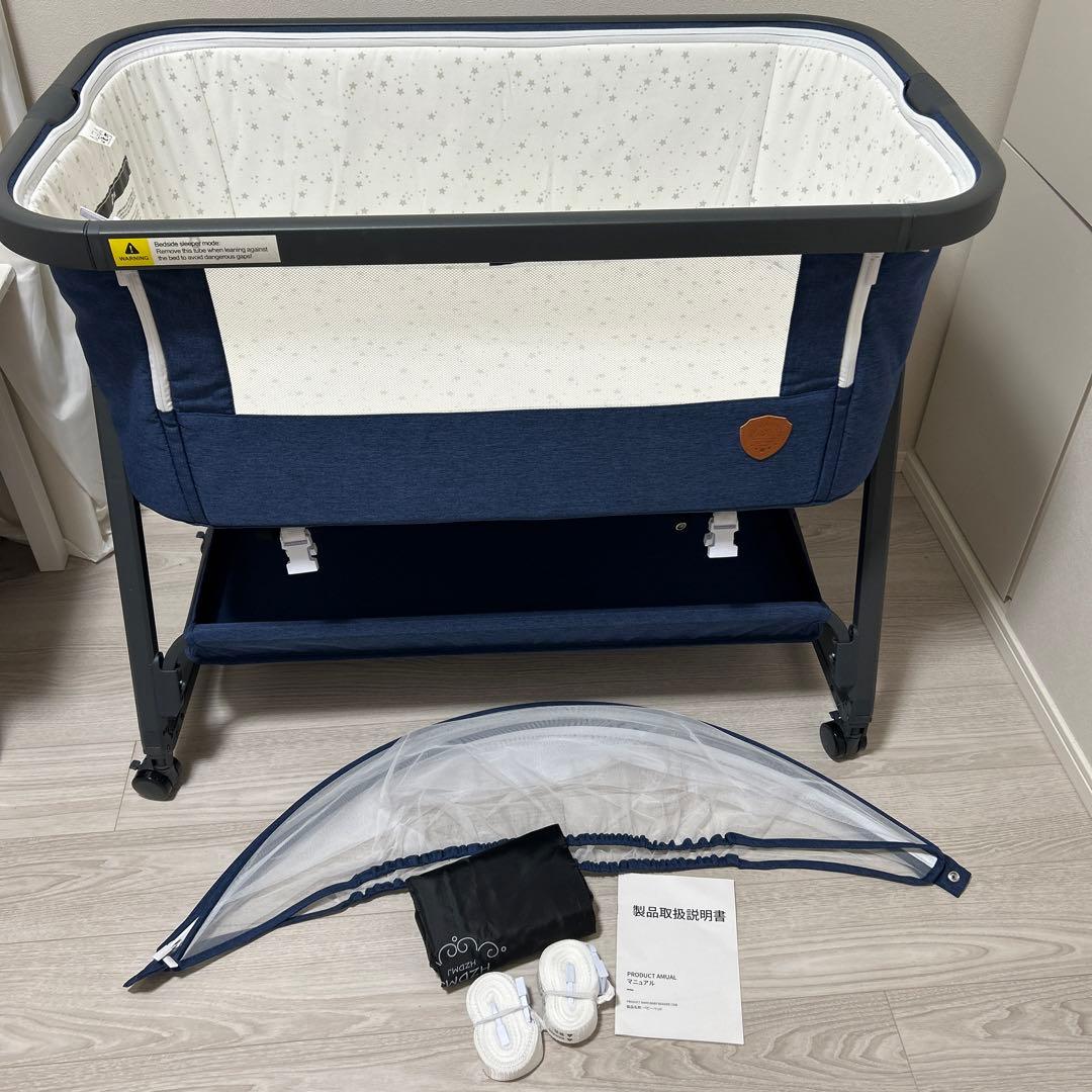 【美品】HZDMJ ベビーベッド 折りたたみ　ネイビー コンパクト出産準備 HZDMJ ベビーベッド 折りたたみ 添い寝ベッド ネイビー 持ち運び可